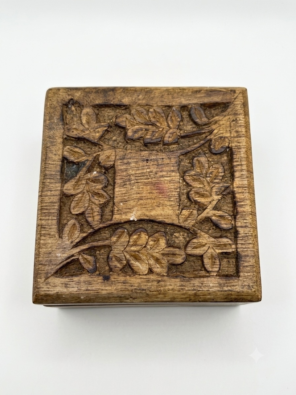 Hand-Carved Wooden Trinket Box in Warm Brown